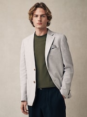 Light Grey Slim Fit Textured Linen Blend Blazer - Image 1 of 10