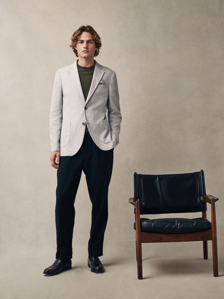 Light Grey Slim Fit Textured Linen Blend Blazer - Image 2 of 10