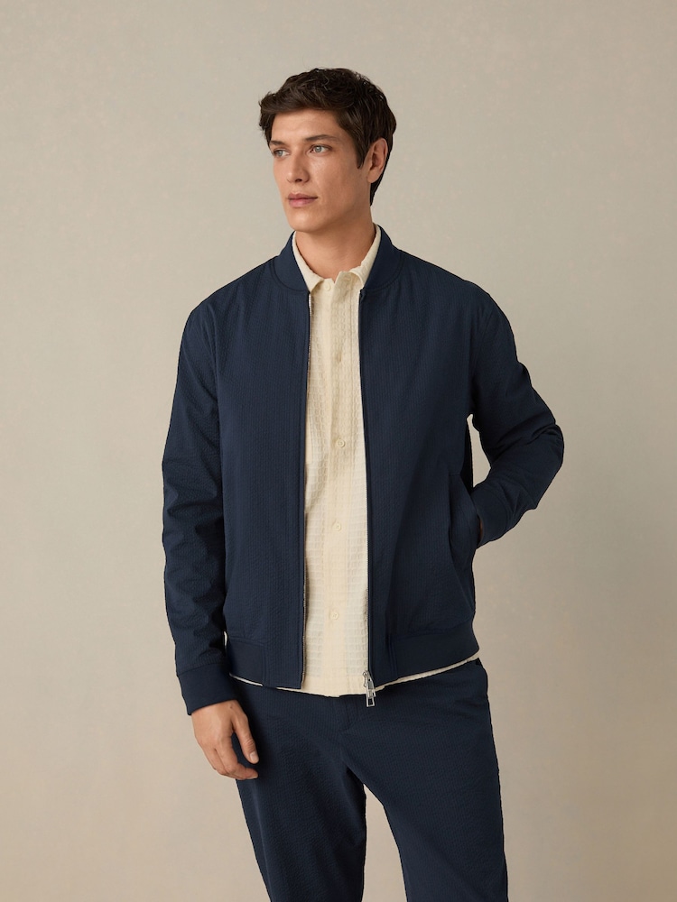 Navy Blue Smart Seersucker Bomber Jacket - Image 1 of 8 Navy Blue Smart Seersucker Bomber Jacket - Image 1 of 8