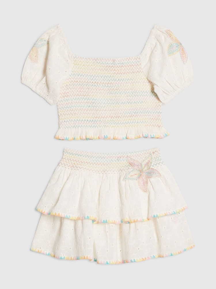 Conjunto de minifalda de volantes y top de manga abullonada con costuras en arcoíris de River Island - Imagen 1 de 4