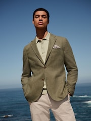 Khaki Green Regular Fit Textured Linen Blend Blazer - Image 1 of 6