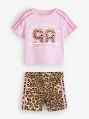 River Island Pink Leopard Print Number T-Shirt & Short Set - Image 1 of 1