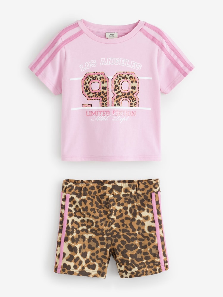 River Island Pink Leopard Print Number T-Shirt & Short Set - Image 1 of 1