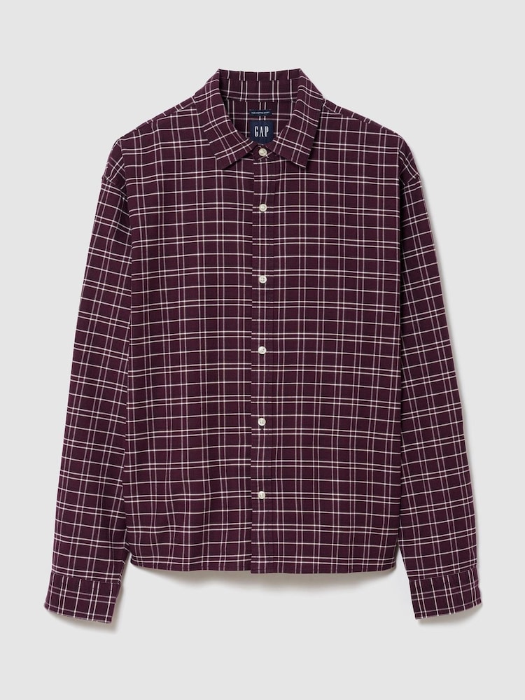 Gap Burgundy Check Relaxed Boxy Straight-Hem Oxford Shirt - Image 1 of 2 Gap Burgundy Check Relaxed Boxy Straight-Hem Oxford Shirt - Image 1 of 2