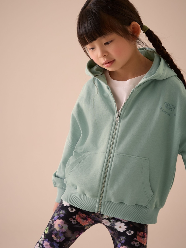 Green Slogan Graphic 100% Cotton Zip Through Hoodie (3-16yrs) - Image 1 of 8