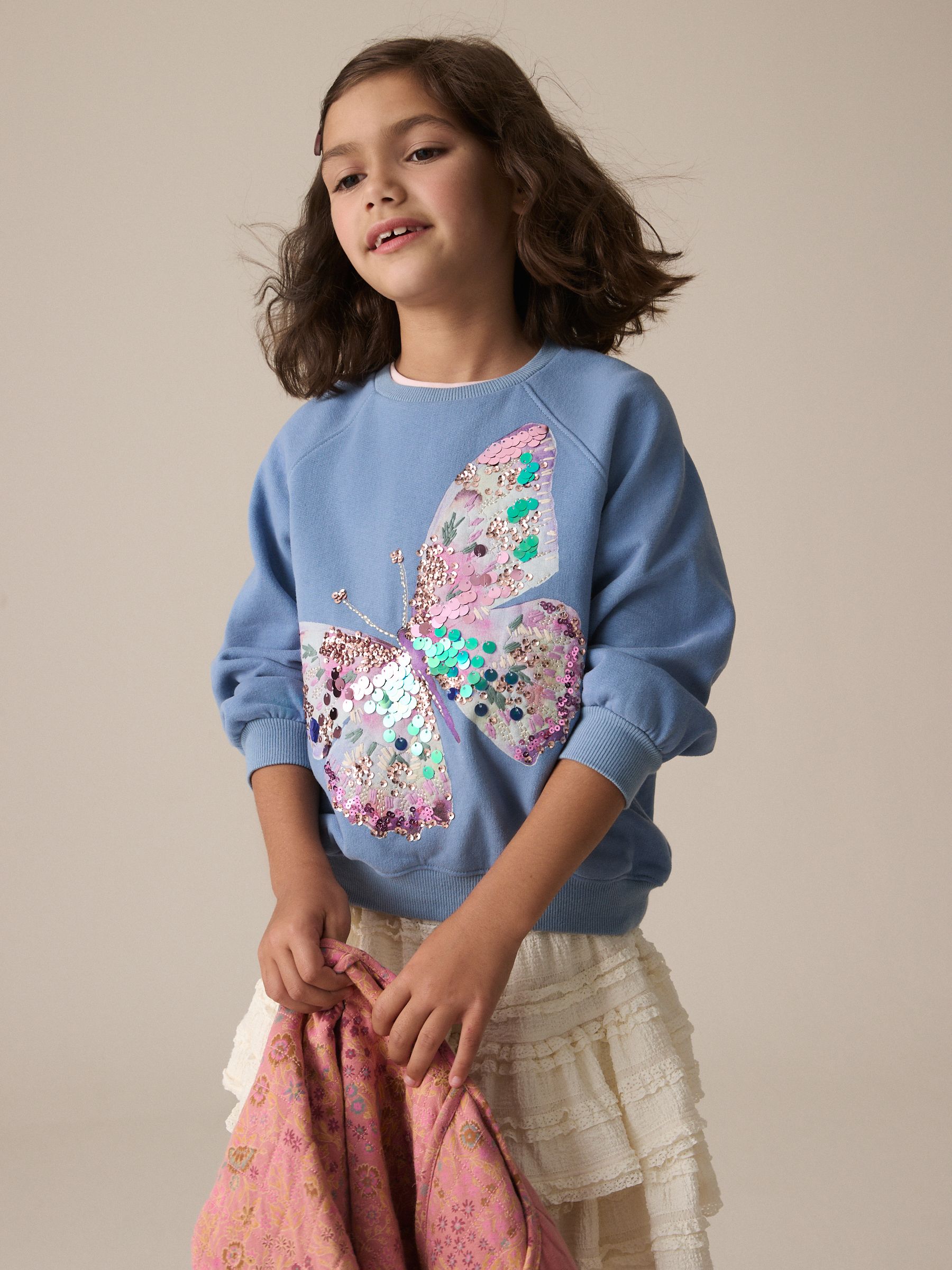 Babyhug Cotton Full Sleeves Butterfly Sweatshirt With Sequins & Mesh Frill Detailing- Lime Green main image 0
