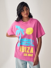 Pink Ibiza City Bright Summer 100% Cotton Graphic Crew Neck T-Shirt - Image 1 of 6