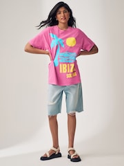 Pink Ibiza City Bright Summer 100% Cotton Graphic Crew Neck T-Shirt - Image 2 of 6