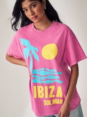 Pink Ibiza City Bright Summer 100% Cotton Graphic Crew Neck T-Shirt - Image 4 of 6