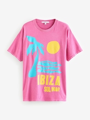 Pink Ibiza City Bright Summer 100% Cotton Graphic Crew Neck T-Shirt - Image 5 of 6