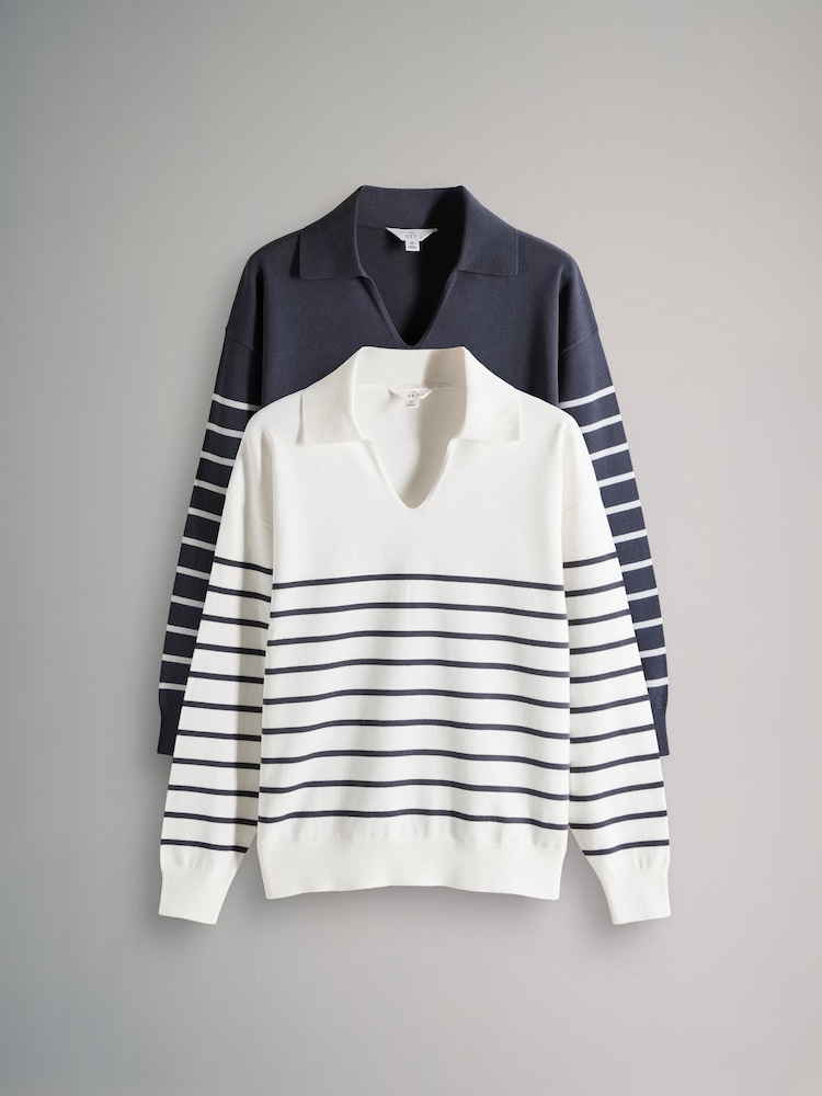 The Set Navy/Cream Stripe /Cream/Navy Stripe 2 Pack Fly Collar Jumpers - Image 2 of 12