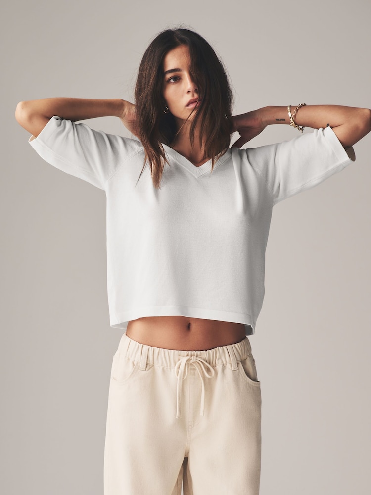 The Set Black/Cream/Taupe Brown 3 Pack Knitted V-Neck T-Shirt - Image 5 of 11