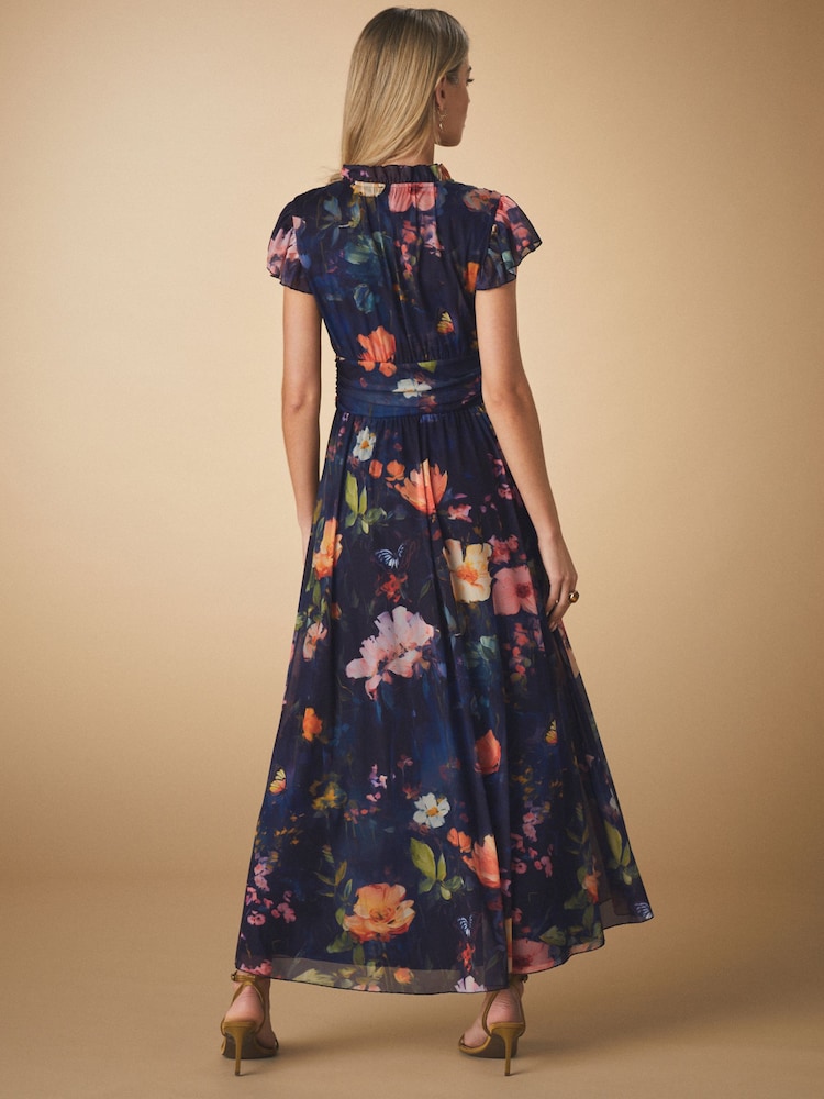 Navy Blue Floral Pleated Mesh Print V-Neck Occasion Midi Dress - Image 3 of 8