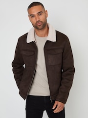 Threadbare Dark Brown Faux Suede Borg Lined Aviator Jacket - Image 1 of 4