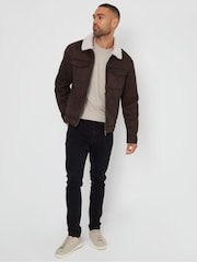 Threadbare Dark Brown Faux Suede Borg Lined Aviator Jacket - Image 2 of 4