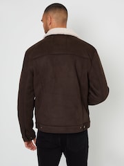 Threadbare Dark Brown Faux Suede Borg Lined Aviator Jacket - Image 3 of 4