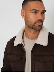 Threadbare Dark Brown Faux Suede Borg Lined Aviator Jacket - Image 4 of 4