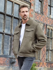Threadbare Green Faux Suede Borg Lined Aviator Jacket - Image 1 of 5