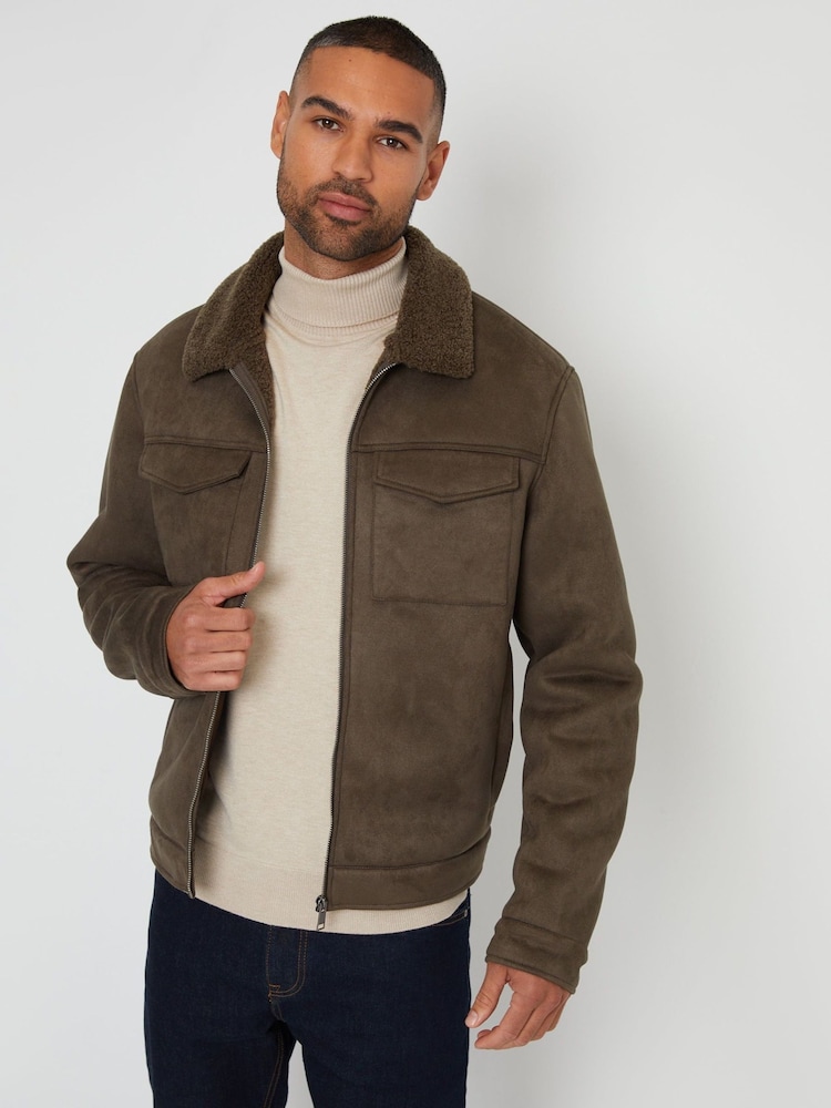 Threadbare Green Faux Suede Borg Lined Aviator Jacket - Image 2 of 5 Threadbare Green Faux Suede Borg Lined Aviator Jacket - Image 2 of 5