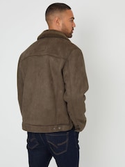 Threadbare Green Faux Suede Borg Lined Aviator Jacket - Image 3 of 5