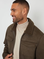 Threadbare Green Faux Suede Borg Lined Aviator Jacket - Image 5 of 5