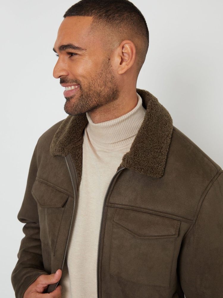 Threadbare Green Faux Suede Borg Lined Aviator Jacket - Image 5 of 5 Threadbare Green Faux Suede Borg Lined Aviator Jacket - Image 5 of 5