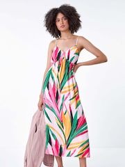 Roman Pink Tropical Leaf Tie Detail Midi Dress - Image 1 of 5