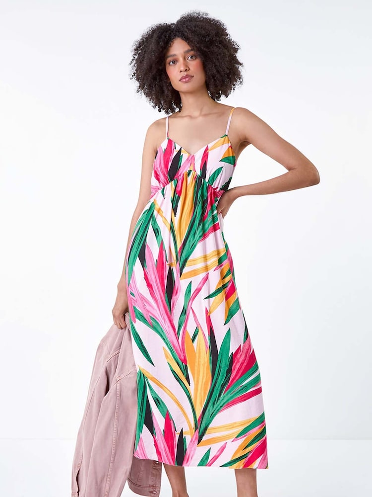 Roman Pink Tropical Leaf Tie Detail Midi Dress - Image 1 of 5