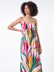 Roman Pink Tropical Leaf Tie Detail Midi Dress - Image 2 of 5