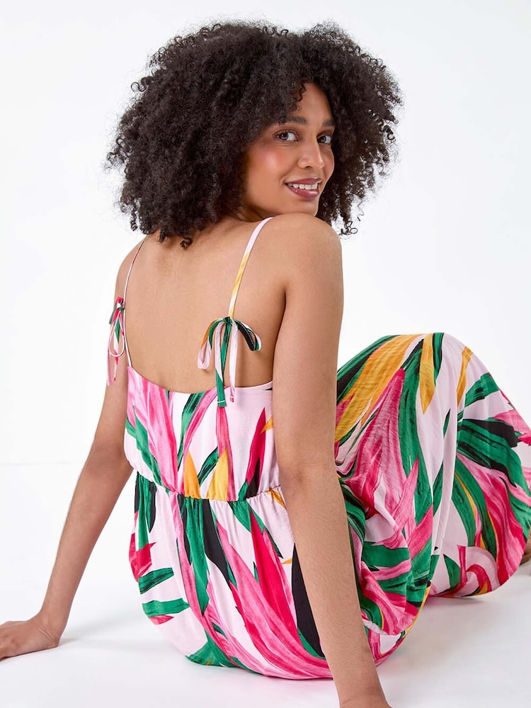 Roman Pink Tropical Leaf Tie Detail Midi Dress - Image 5 of 5