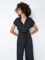 Roman Black Plain Ribbed Stretch Jersey Jumpsuit - Image 1 of 5