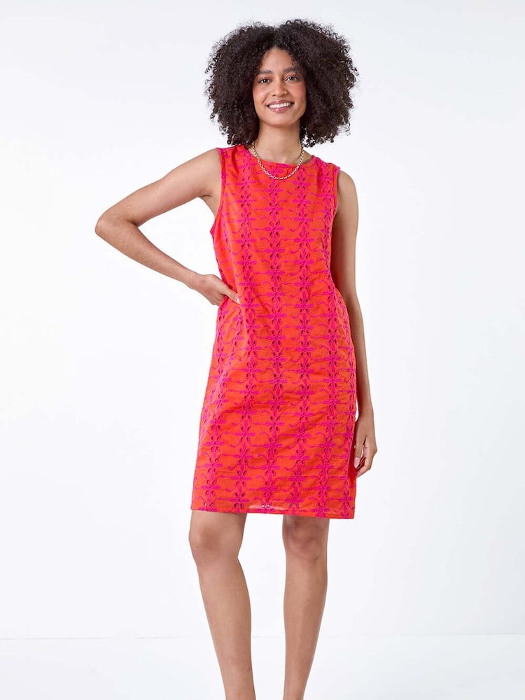 Roman Orange Floral Embroidered 100% Cotton Shift Dress - Image 2 of 5