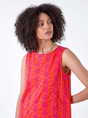 Roman Orange Floral Embroidered 100% Cotton Shift Dress - Image 4 of 5