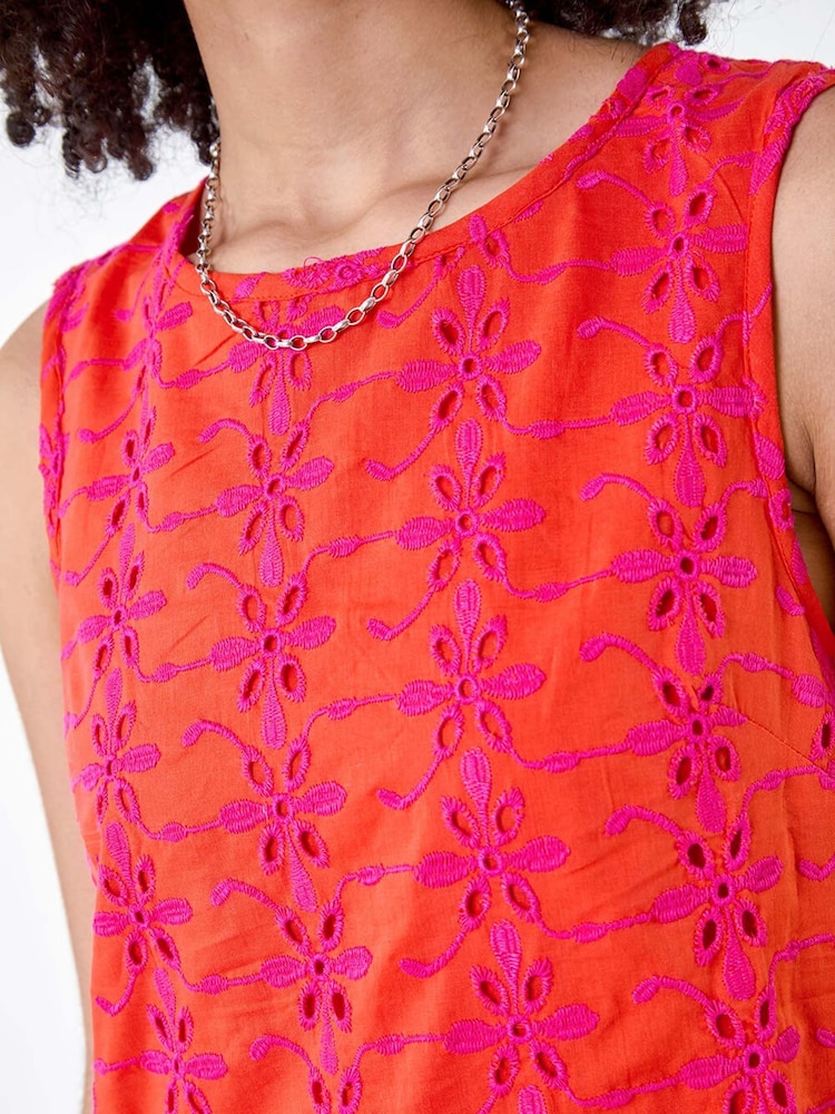 Roman Orange Floral Embroidered 100% Cotton Shift Dress - Image 5 of 5