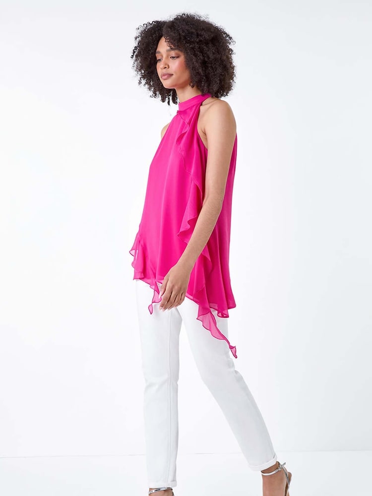 Roman Pink Halterneck Asymmetric Frill Detail Top - Image 1 of 5