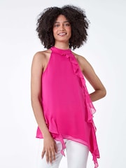 Roman Pink Halterneck Asymmetric Frill Detail Top - Image 3 of 5