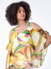 Roman Yellow Abstract Print Cold Shoulder Overlay Top - Image 1 of 5