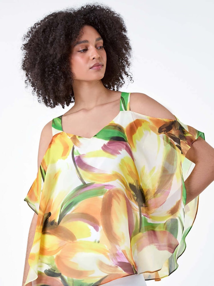 Roman Yellow Abstract Print Cold Shoulder Overlay Top - Image 1 of 5