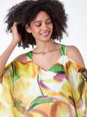 Roman Yellow Abstract Print Cold Shoulder Overlay Top - Image 2 of 5