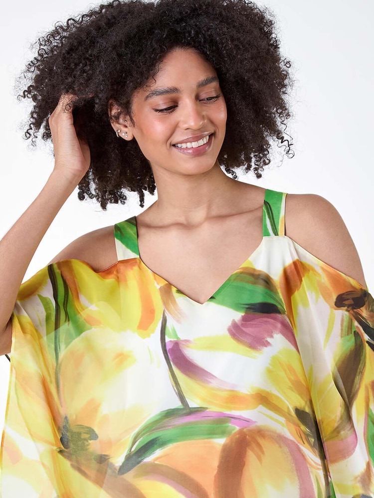 Roman Yellow Abstract Print Cold Shoulder Overlay Top - Image 2 of 5