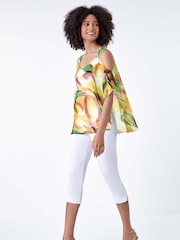 Roman Yellow Abstract Print Cold Shoulder Overlay Top - Image 3 of 5