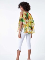Roman Yellow Abstract Print Cold Shoulder Overlay Top - Image 4 of 5
