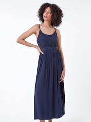 Roman Blue Lace Bodice Shirred Midi Dress - Image 1 of 5