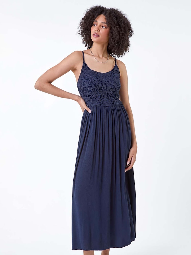 Roman Blue Lace Bodice Shirred Midi Dress - Image 1 of 5