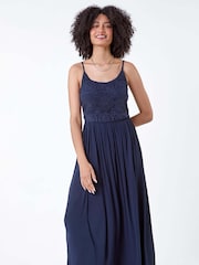 Roman Blue Lace Bodice Shirred Midi Dress - Image 4 of 5