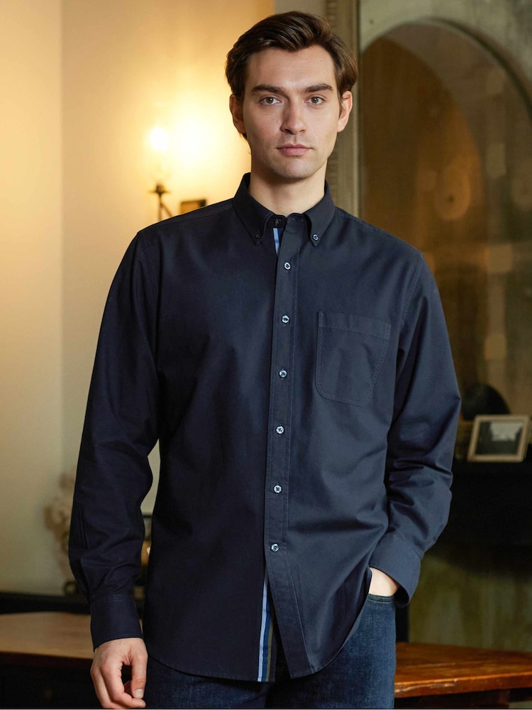 Savile Row Company Blue Button Down Oxford 100% Cotton Shirt With Stripe Placket - Image 1 of 5 Savile Row Company Blue Button Down Oxford 100% Cotton Shirt With Stripe Placket - Image 1 of 5