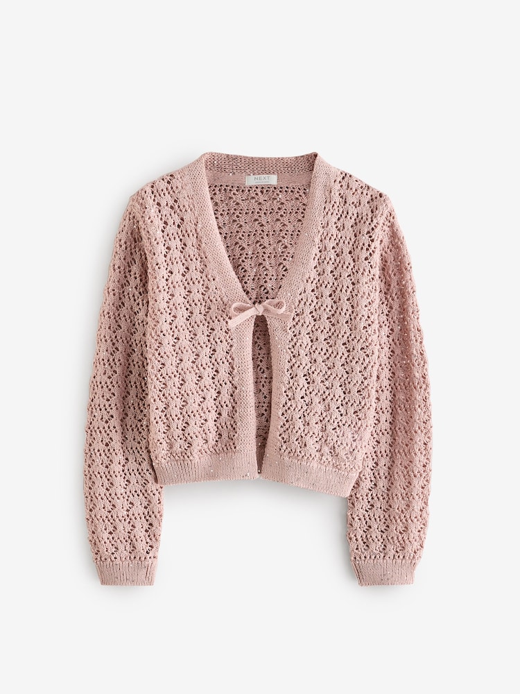 Mink/Pink Sequin Tie Front Cardigan (3-16yrs) - Image 1 of 4