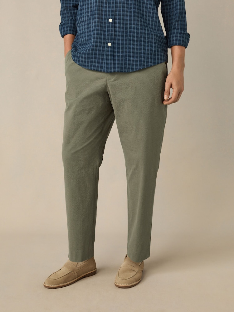 Sage Green Regular Fit Smart Seersucker Trousers With Elasticated Waistband - Image 1 of 9