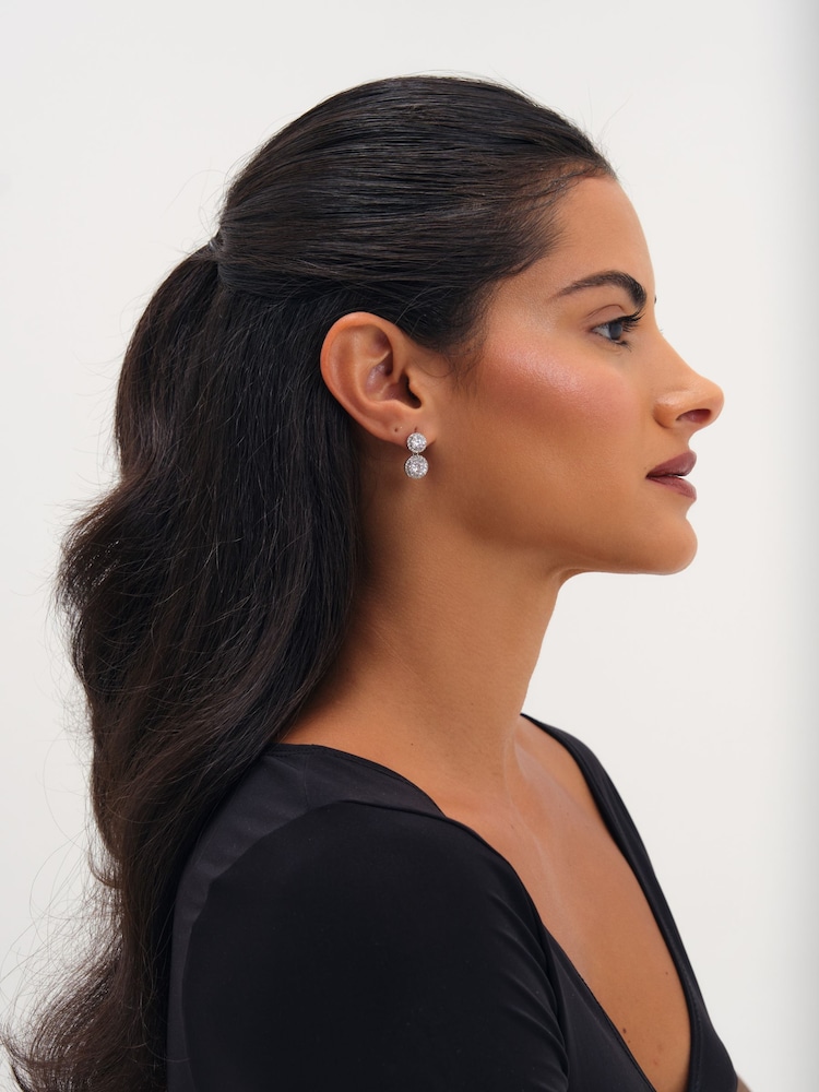 Jon Richard Silver Tone Rhodium Plated Cubic Zirconia Double Halo Drop Earrings - Image 2 of 3 Jon Richard Silver Tone Rhodium Plated Cubic Zirconia Double Halo Drop Earrings - Image 2 of 3