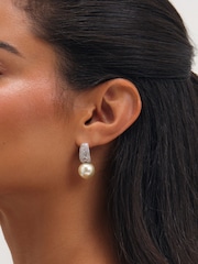 Jon Richard Silver Rhodium Plated Pearl And Pave Drop Hoop Earrings - Image 1 of 3